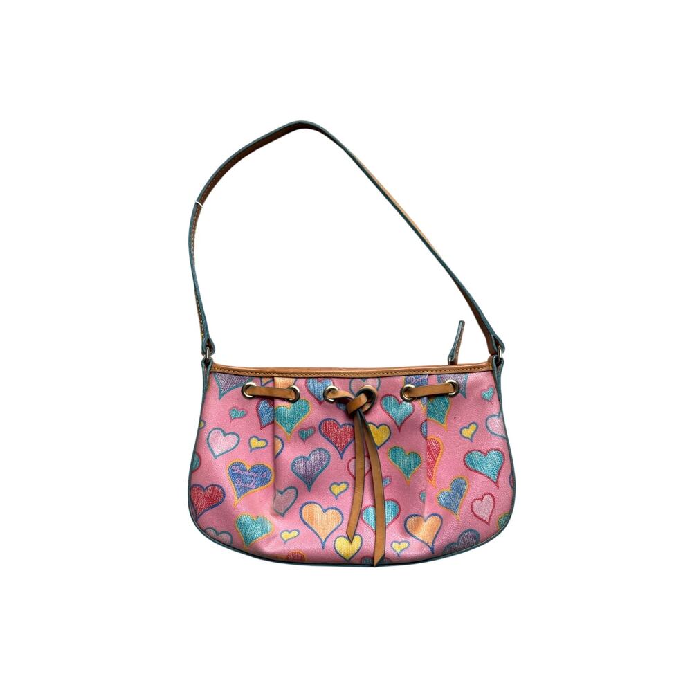 Dooney & Bourke Crayon Hearts Pink Shoulder Bag Y2K Drawstring Purse Leather